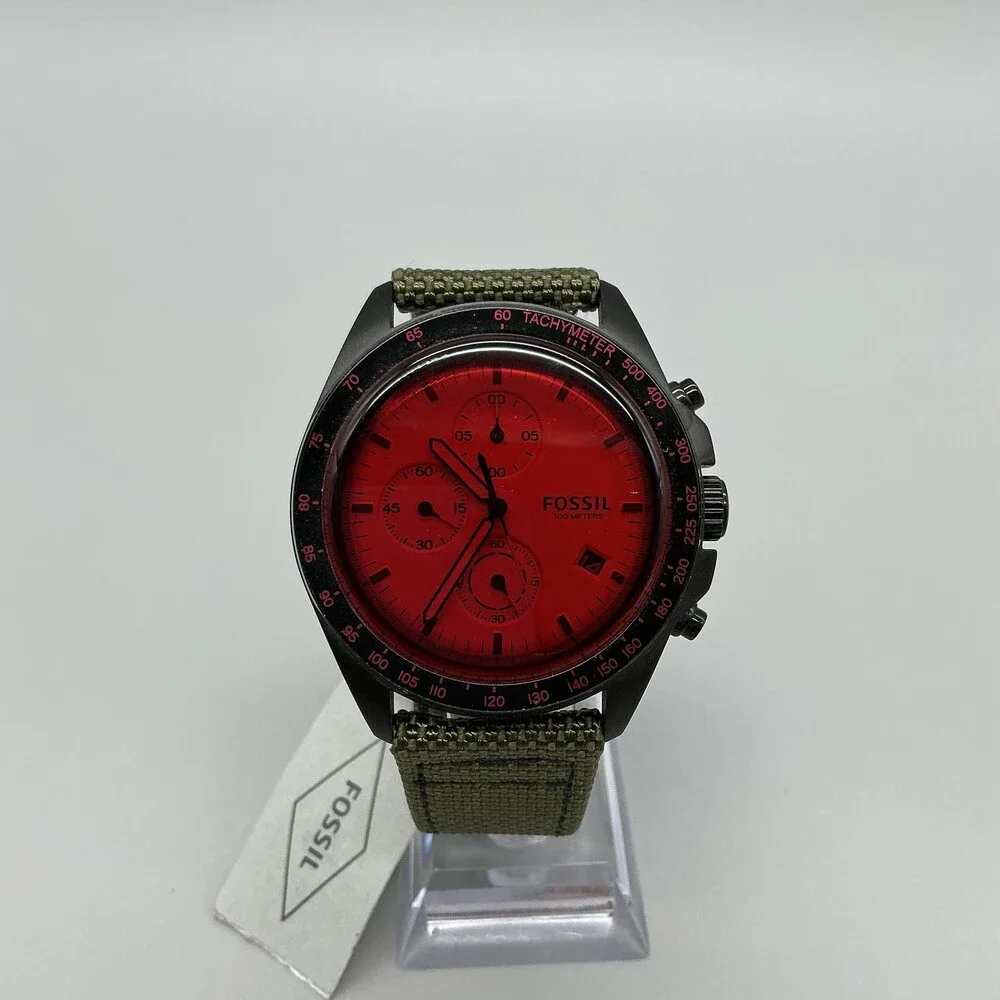 Fossil Mens Watch 44mm Red Dial Green Canvas Leather Chronograph CH3064 New Batt